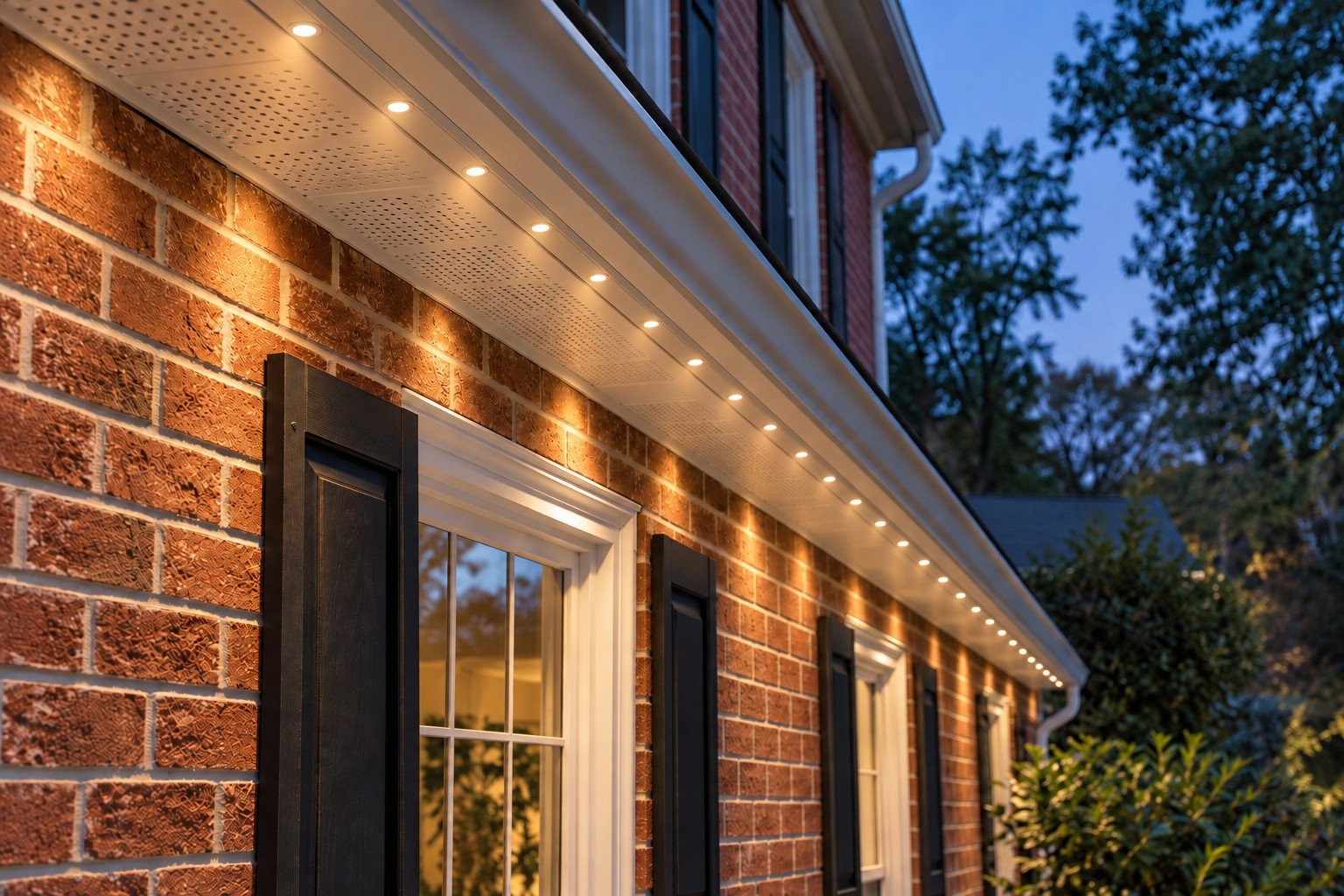 Close-up of a discreet trim-matched permanent-lighting track with small warm-white down-facing lenses beneath a brick home’s eave.