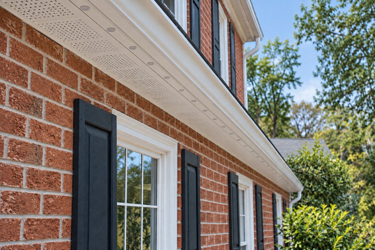 Daylight view of the same discreet permanent-lighting track beneath a brick home’s eave, with the small lenses switched off.