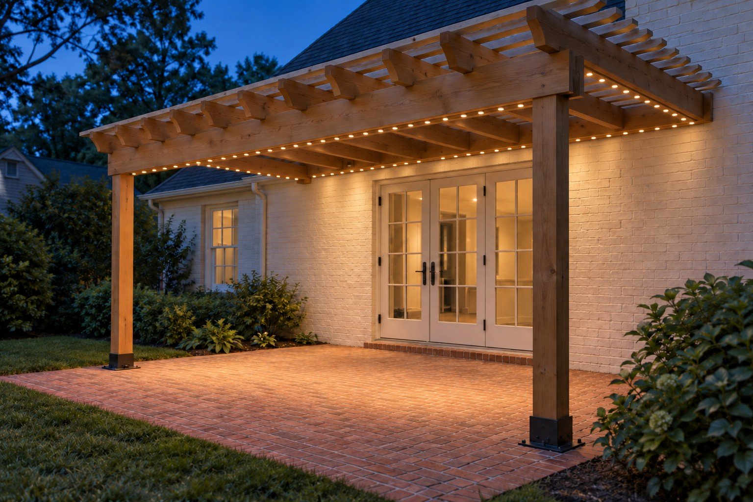 Attached cedar pergola above an empty brick patio with small warm-white permanent lights beneath its front, side and house-side perimeter beams.