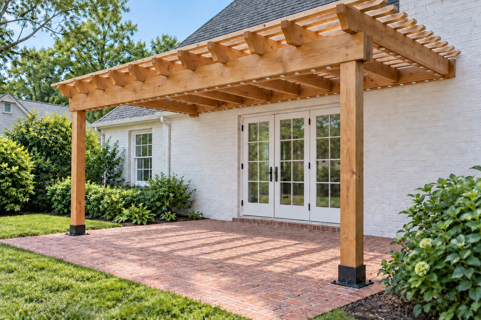 Daylight view of the same attached cedar pergola, with the complete discreet perimeter lighting hardware present and switched off.
