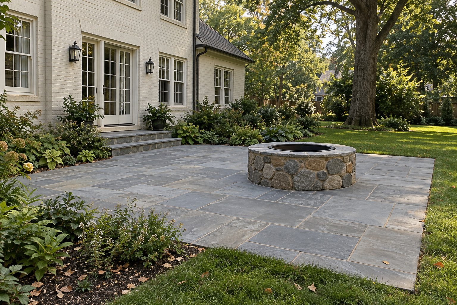 After view of the same home with a natural bluestone patio and unlit masonry fire pit.