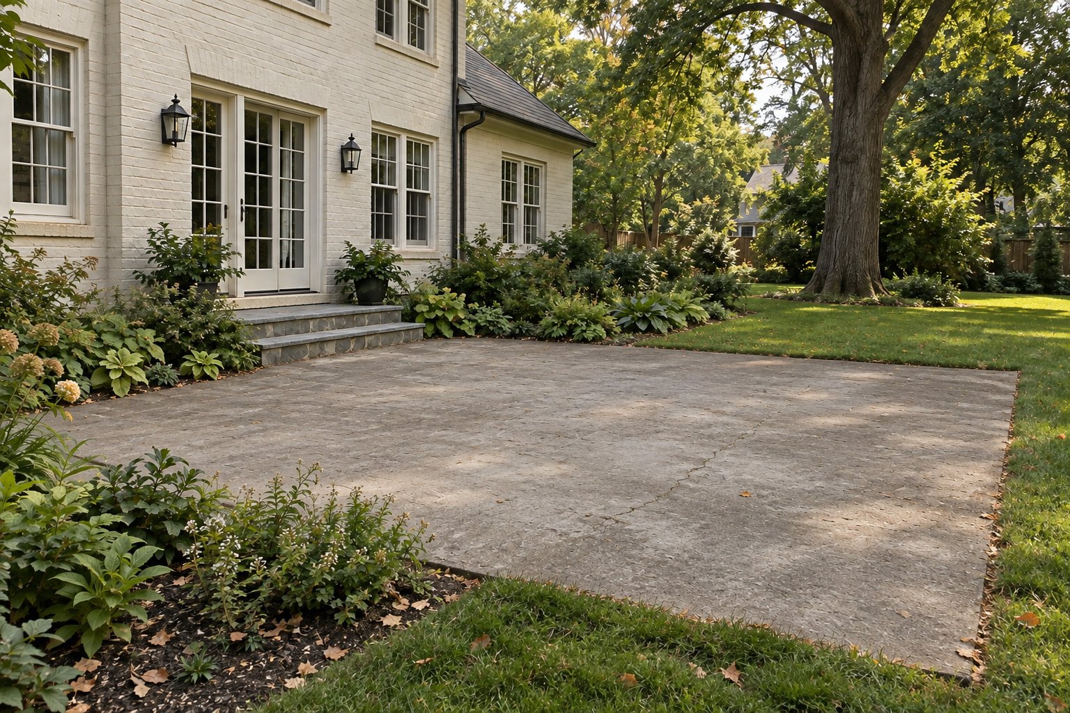 Before view of a weathered concrete patio beside a cream-brick home.