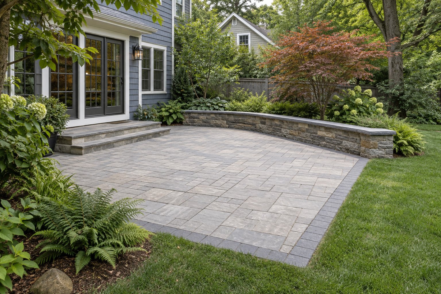 After view of the same property with a light paver terrace and capped low stone retaining wall.