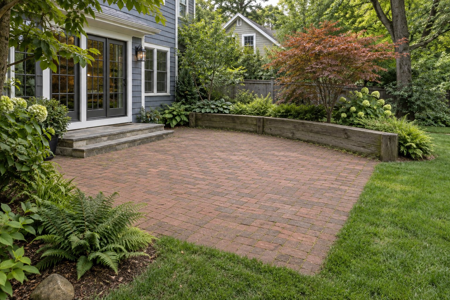 Before view of an older brick patio and weathered timber retaining edge at a slate-blue home.