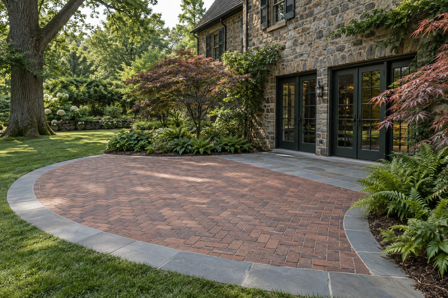 After view of the same garden terrace finished in herringbone brick with a bluestone border.