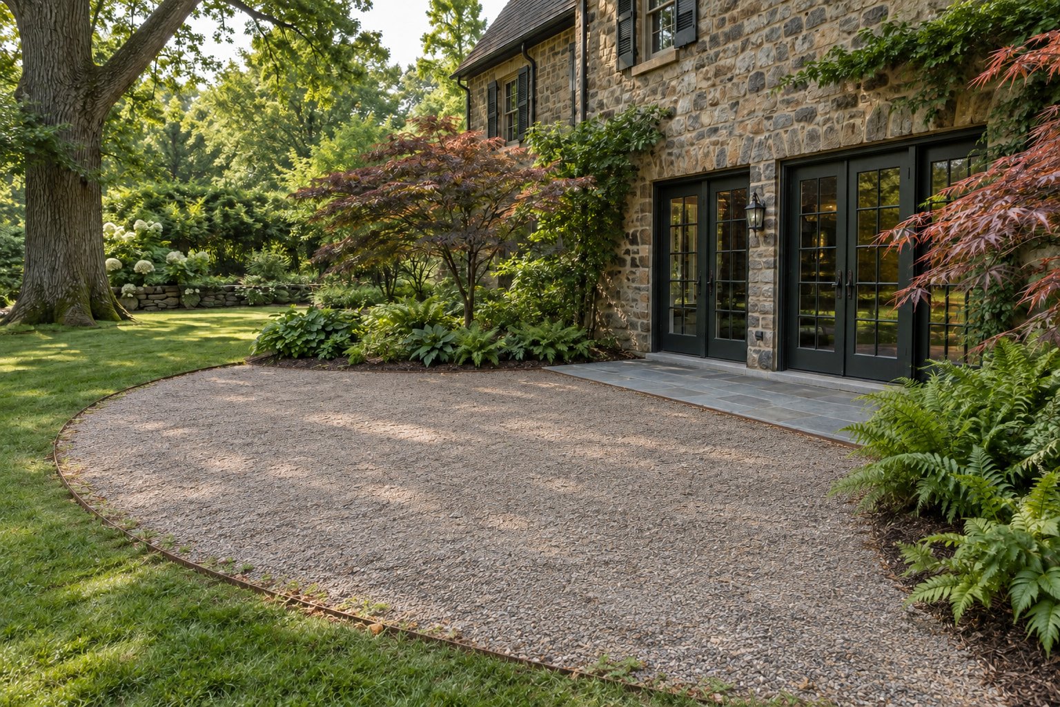 Before view of a modest gravel garden terrace adjoining a fieldstone home.