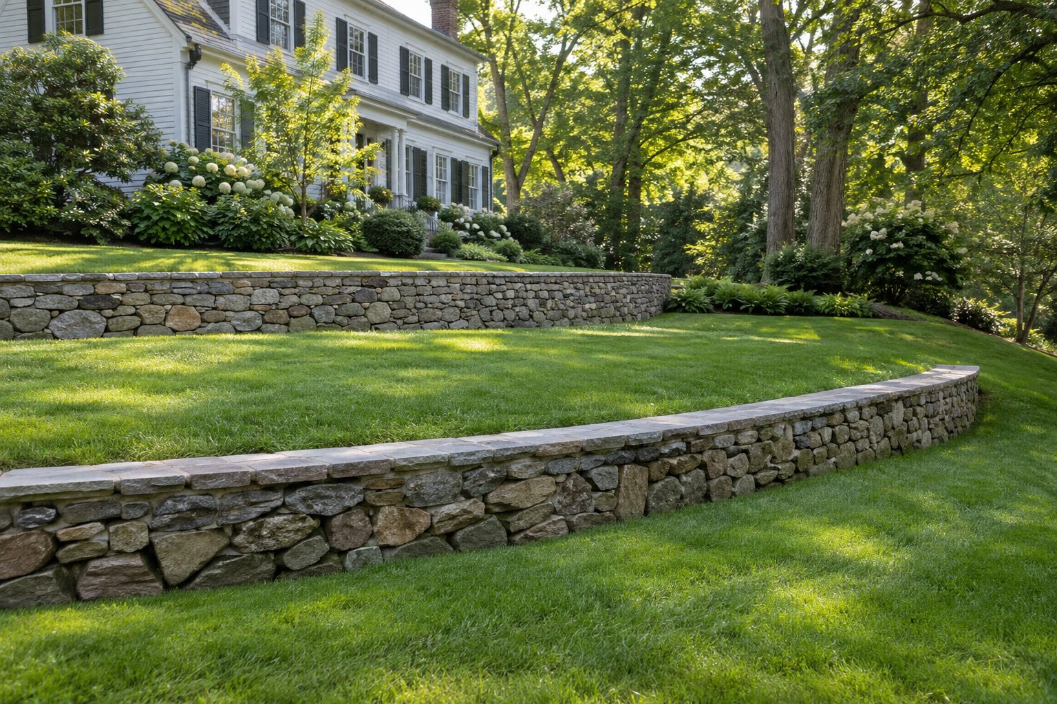 After view of the same lawn terraces with carefully fitted capped fieldstone retaining walls.