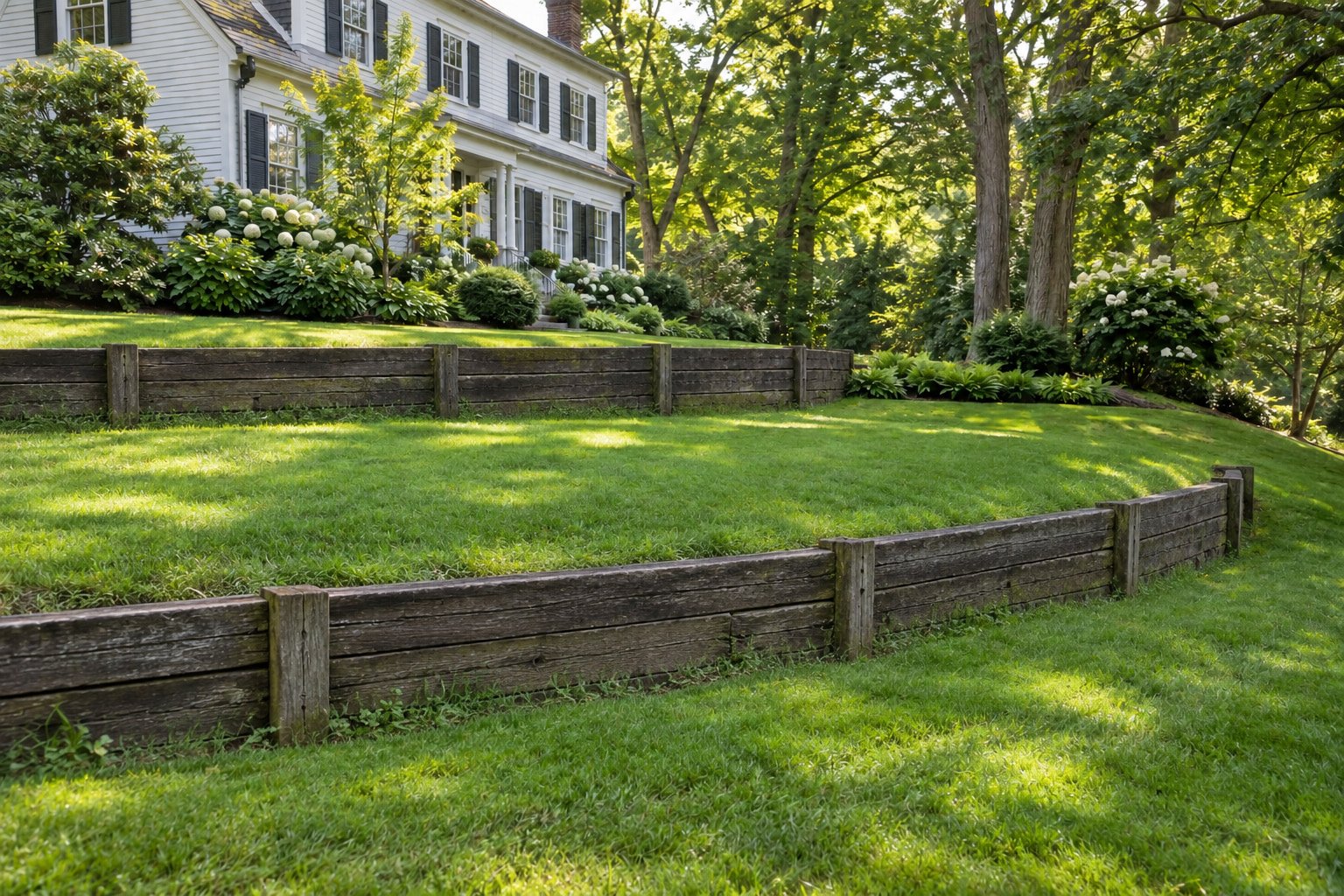 Before view of weathered timber walls supporting two lawn terraces below a colonial home.