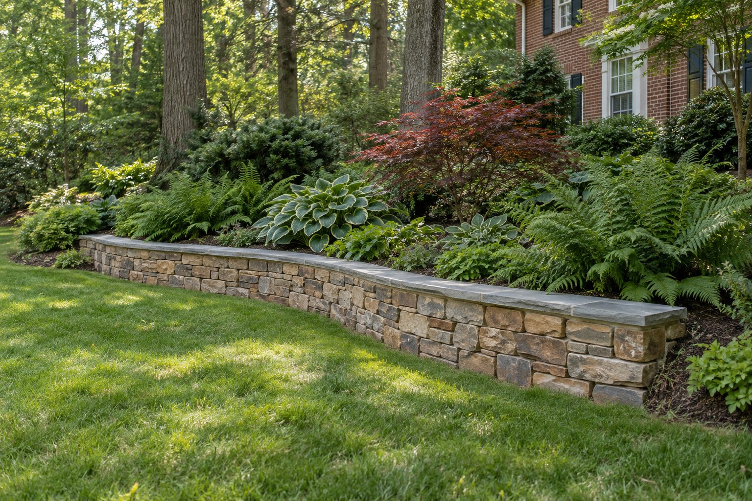 After view of the same shade garden with a warm natural-stone retaining wall and broad gray coping.