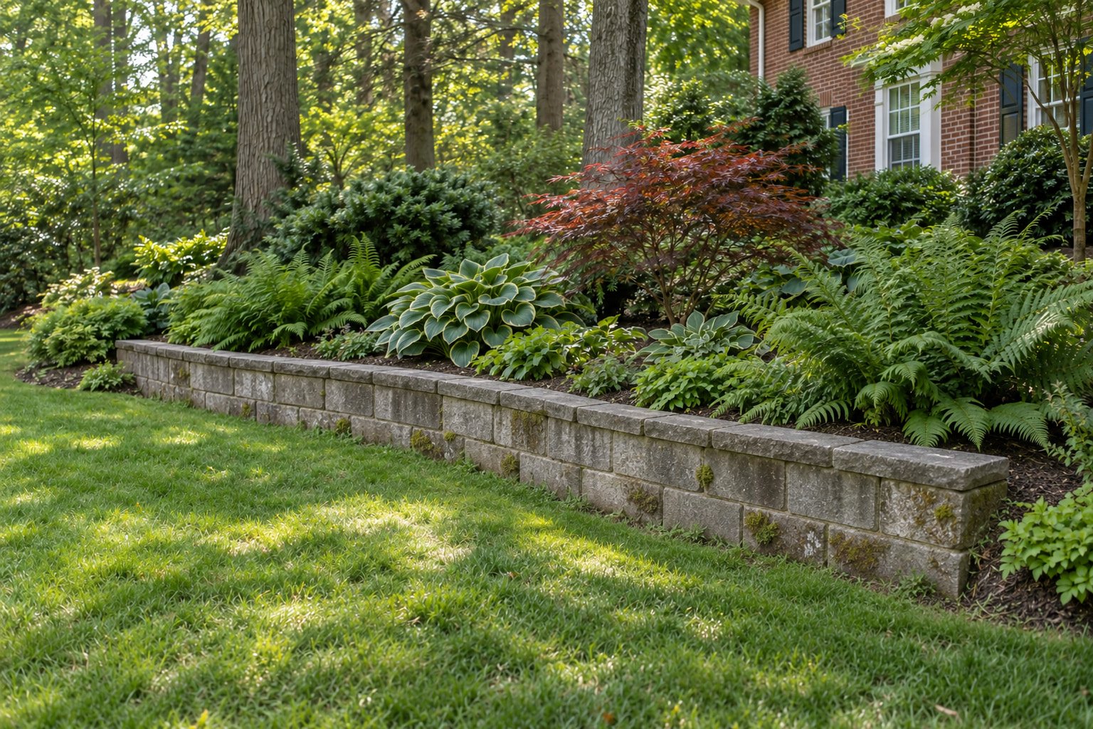 Before view of a dated concrete-block retaining wall below an established shade garden.