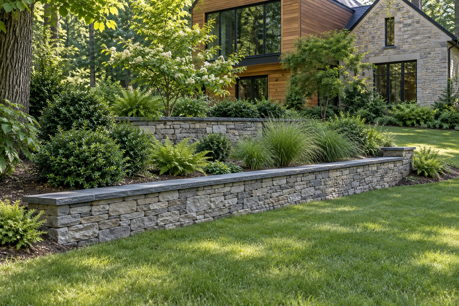 After view of the same terraced garden with refined gray natural-stone retaining walls and flat coping.