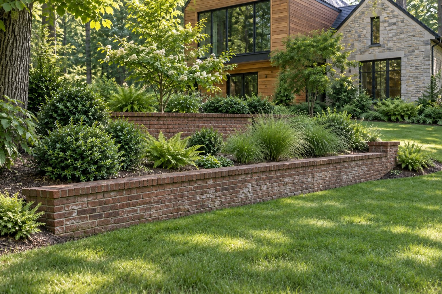 Before view of dated brick retaining walls forming garden terraces beside a cedar-and-stone home.