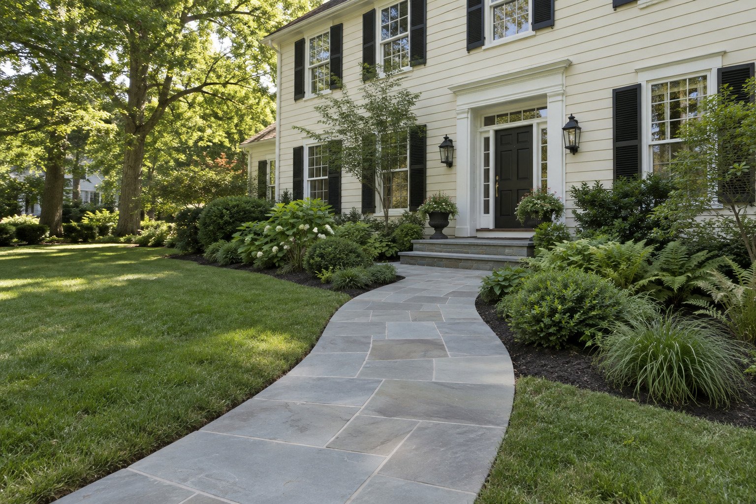 After view of a generous bluestone approach and broad stone steps at the same colonial home.