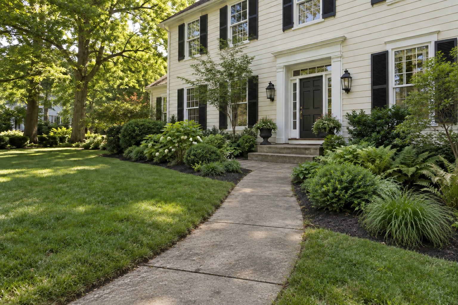 Before view of an older narrow concrete approach and steps at an established colonial home.