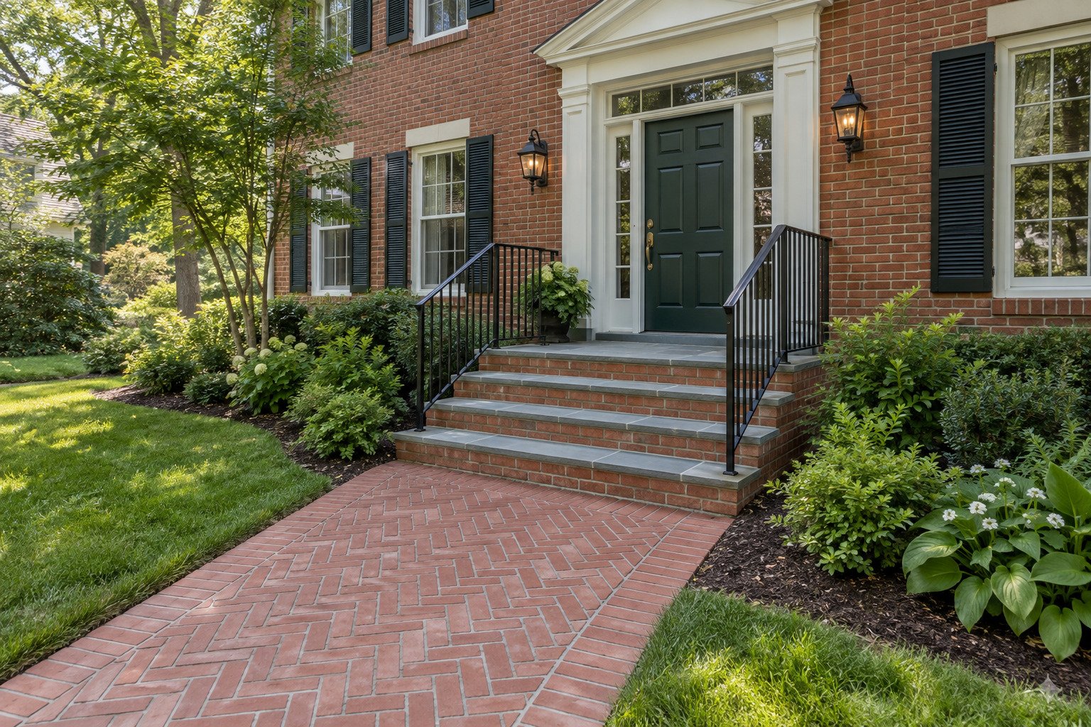 After view of a herringbone brick walk, bluestone treads and matching entry landing at the same home.