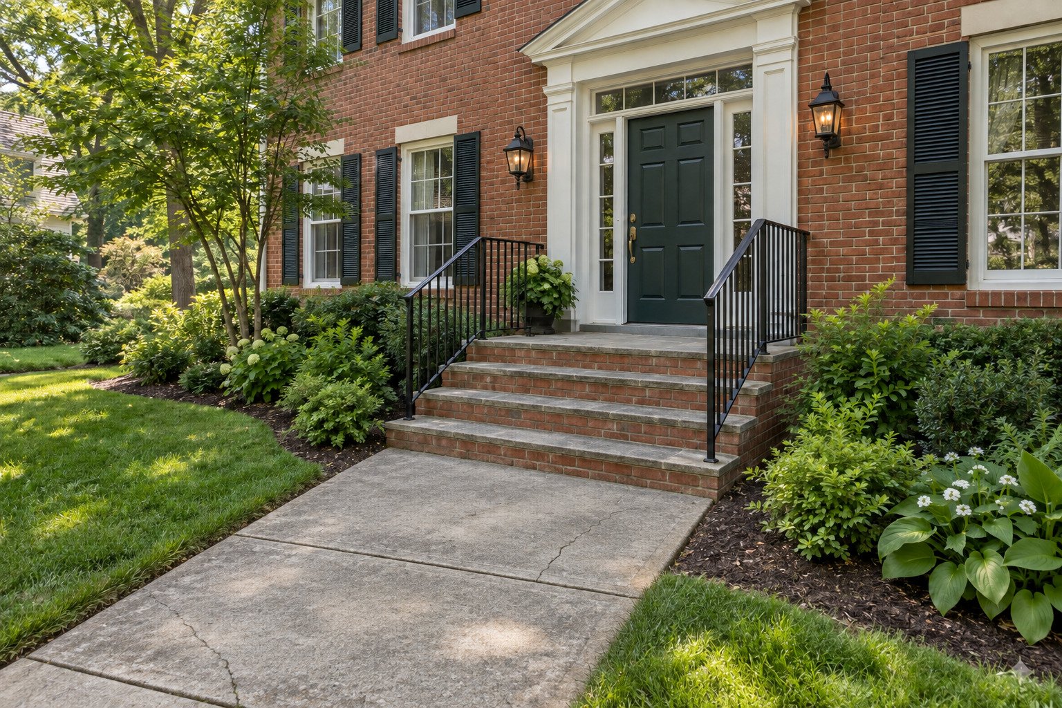 Before view of a worn concrete walk and capped brick entry steps at an established brick home.