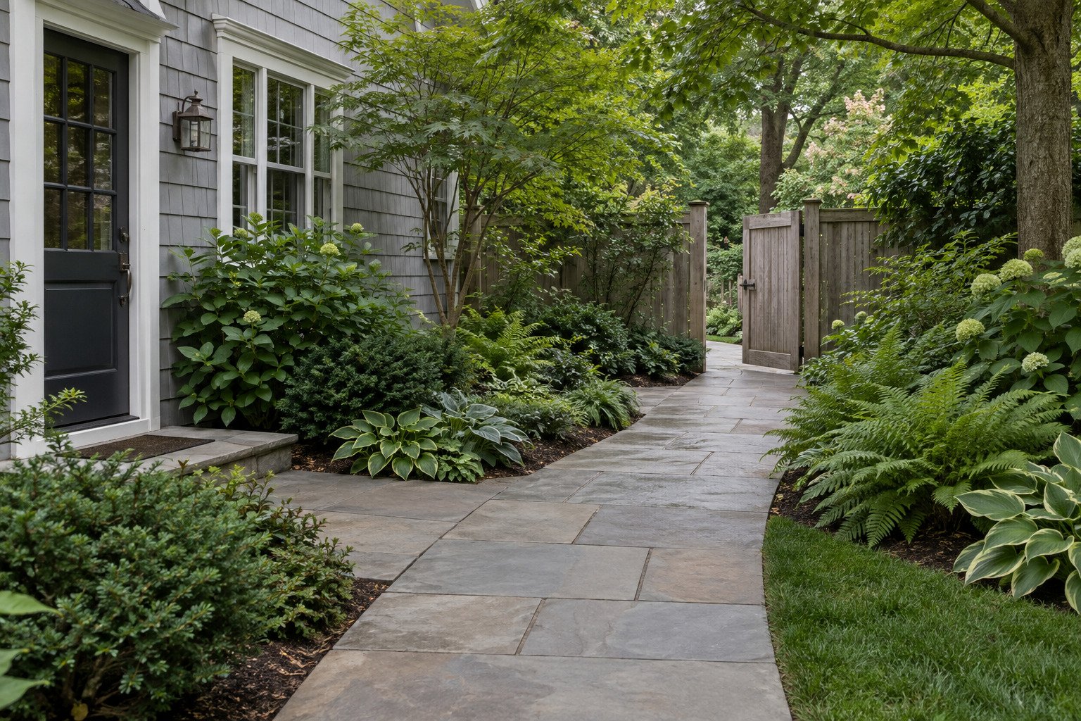 After view of a generous natural-stone garden walk connecting the same side door and timber gate.