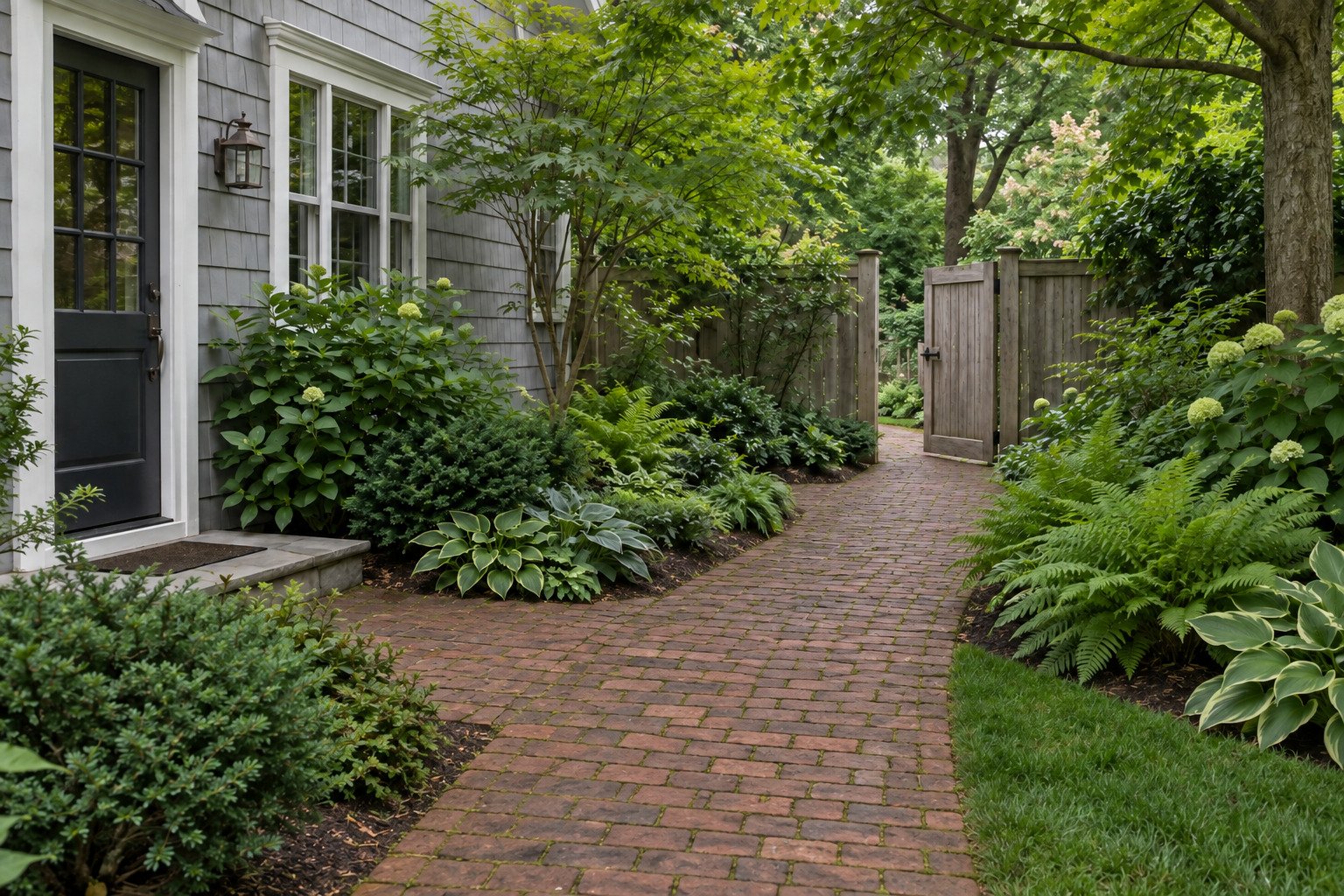 Before view of a weathered brick garden walk connecting a gray-shingle home to a timber gate.