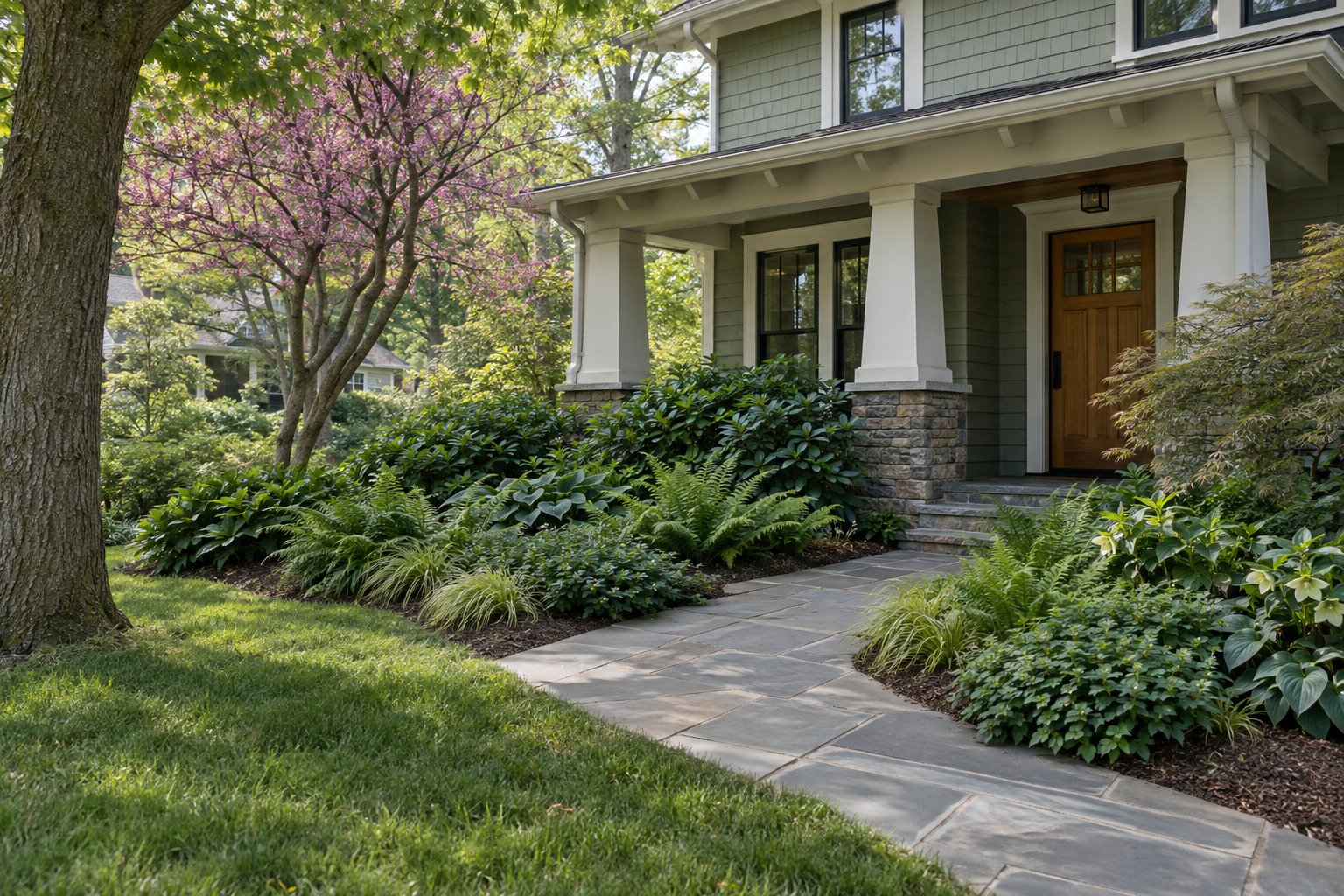 After view of a rich shade garden with layered shrubs, ferns, grasses and hostas at the same craftsman home.