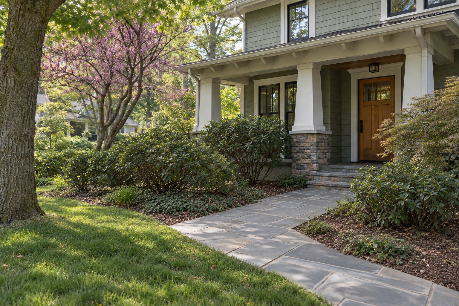 Before view of dated, sparse foundation planting beside a sage-green craftsman home's entry.