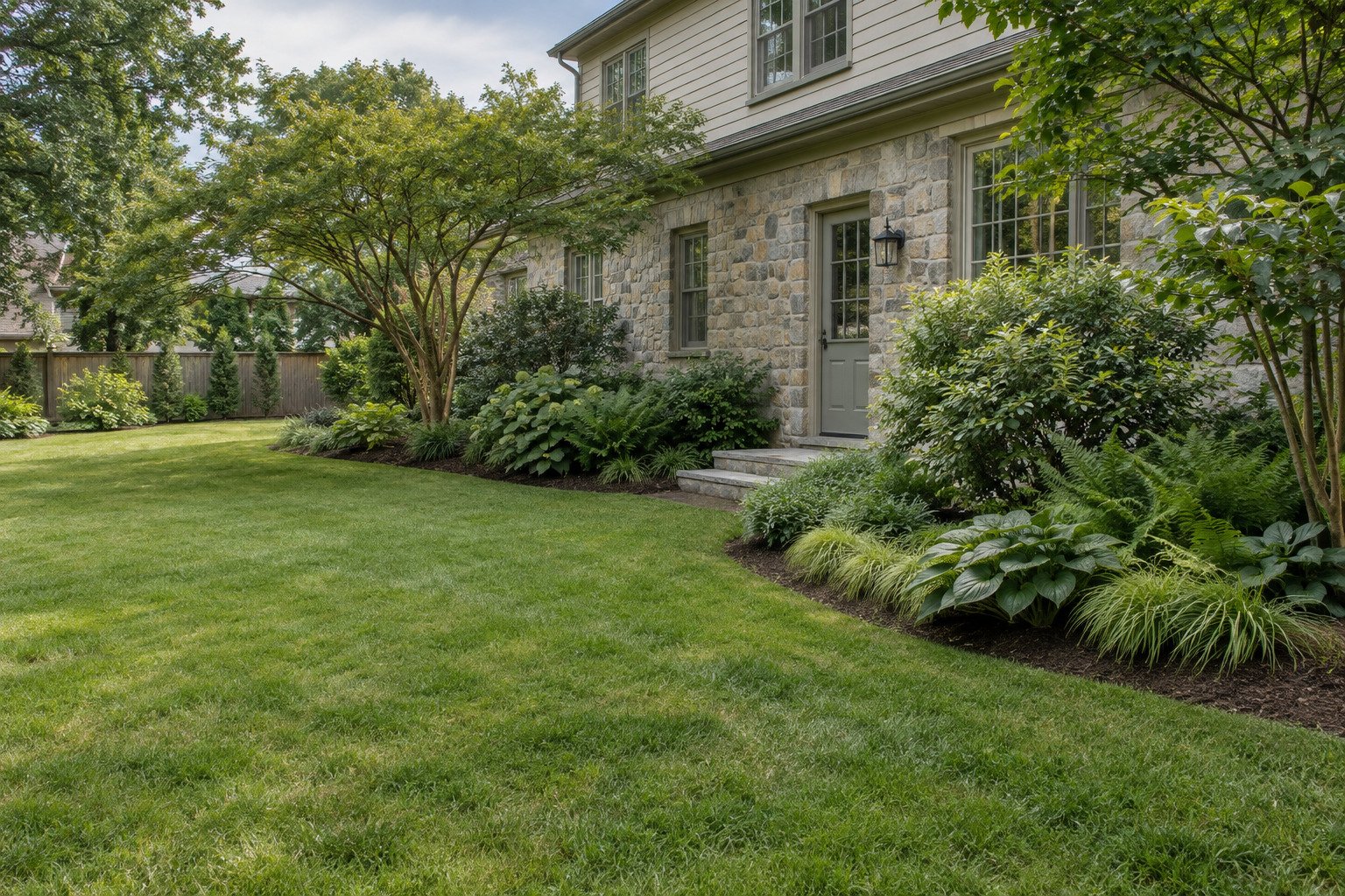 After view of lush layered shrubs, ferns, hostas and grasses beside the same stone home's rear lawn.
