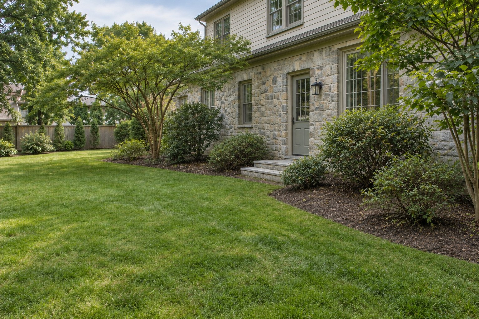 Before view of sparse foundation shrubs beside the rear lawn of an established stone-and-siding home.