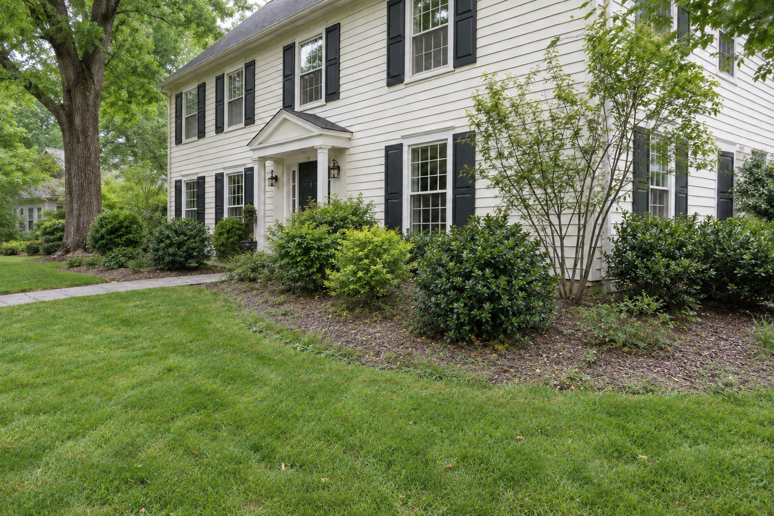 Before view of a Colonial home's thin, weedy foundation bed with an indistinct lawn edge.