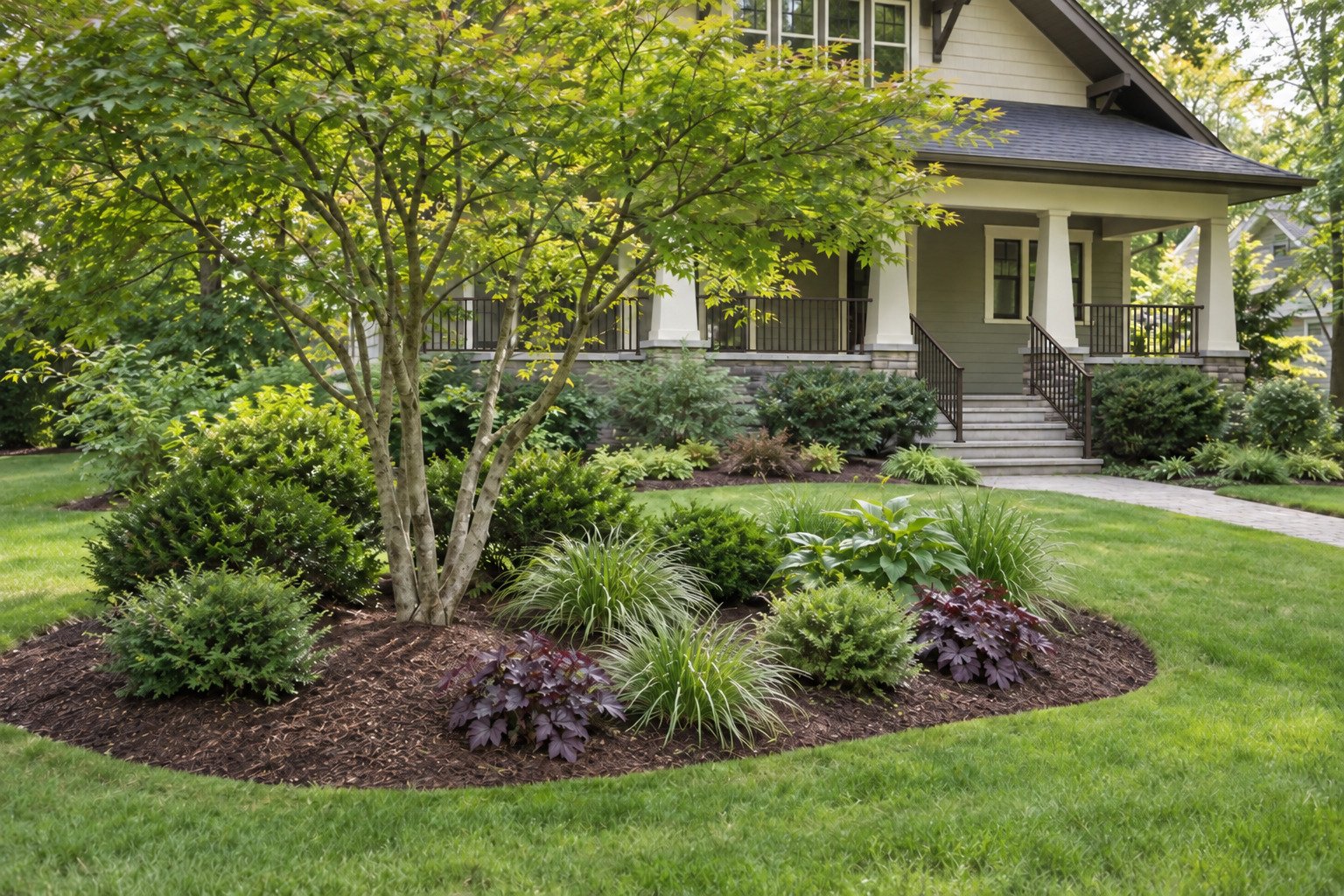 Refined island bed with brown mulch, a defined curved edge, varied low foliage and a retained ornamental maple at a Craftsman home.