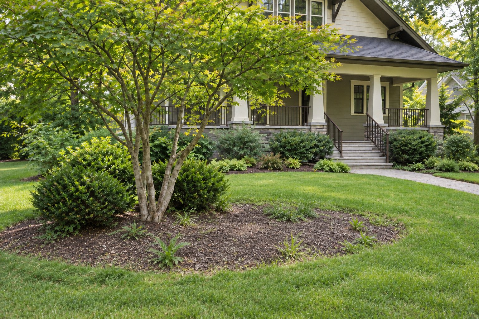 Sparse island bed with weeds and old mulch around an existing ornamental maple before landscape-bed renewal.