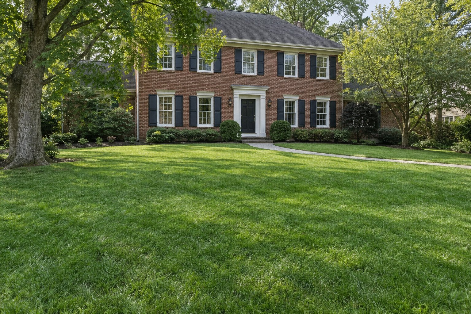 Restored front lawn with healthy naturally varied green grass, retaining the same brick home, trees and foundation planting.