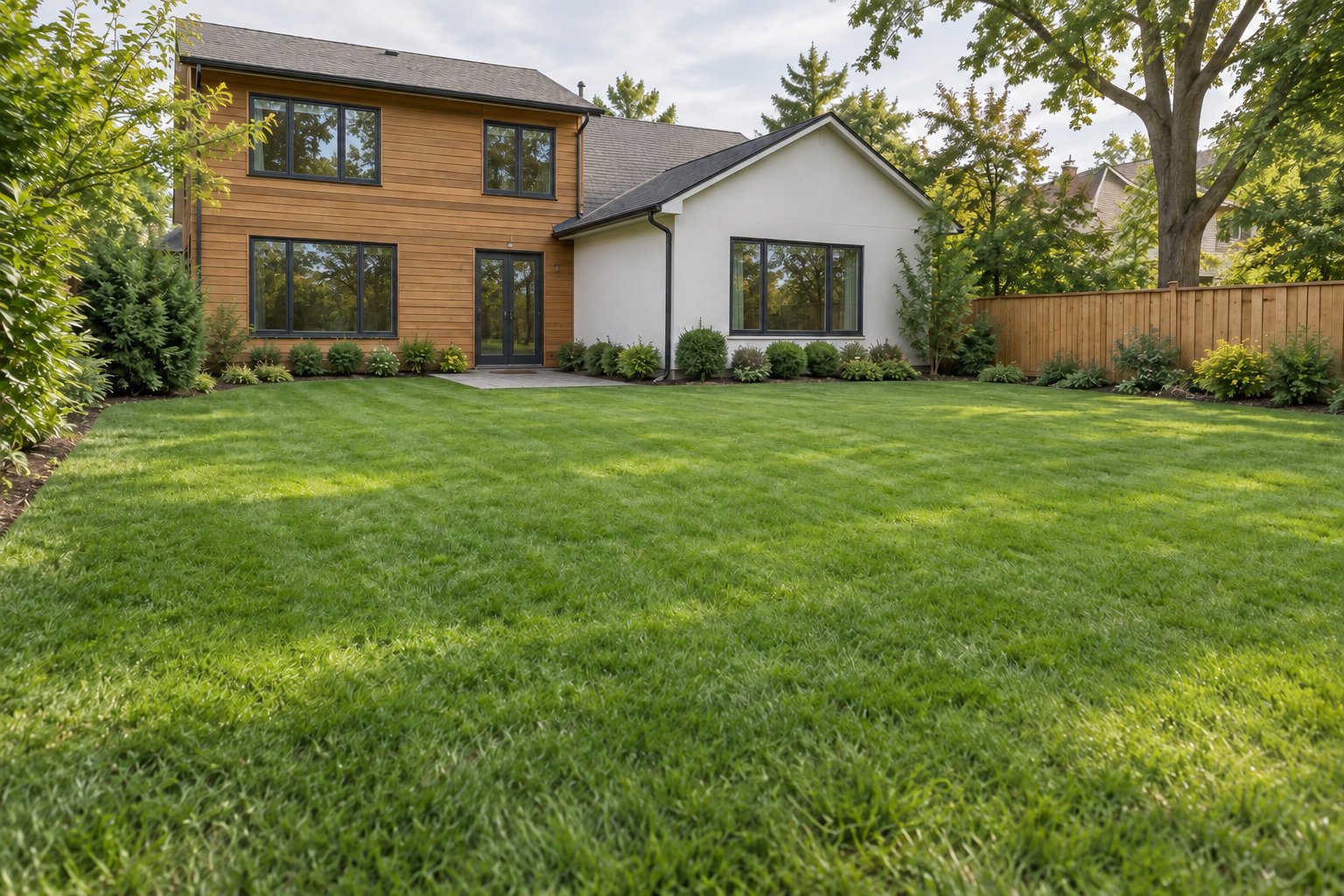 Healthy restored backyard lawn at a cedar-and-white home, with existing shrubs, fence and flush entry landing unchanged.