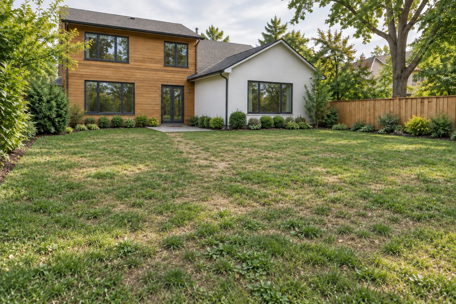 Worn backyard turf with thin dry grass and shallow bare patches before lawn restoration at a cedar-and-white home.