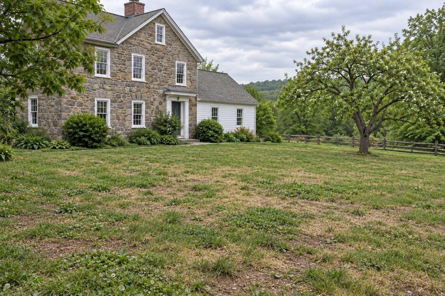 Thin and worn farmhouse lawn with dry grass, weeds and shallow bare areas before turf rehabilitation.