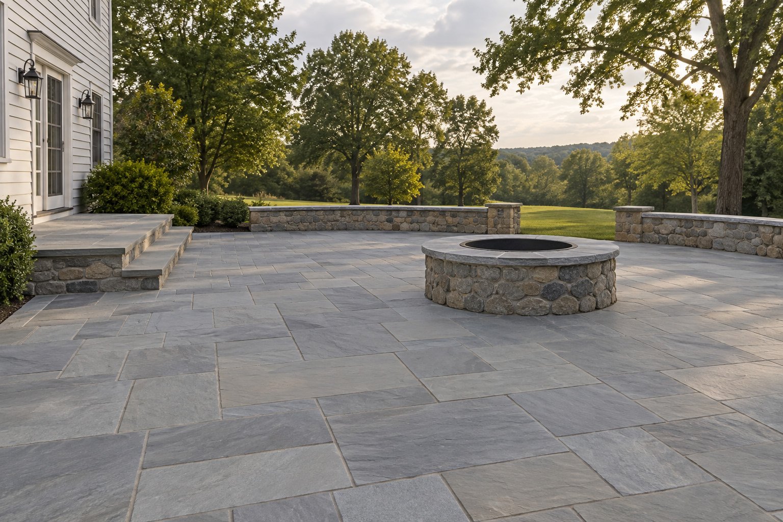 Bluestone patio with a masonry fire pit and low seat wall beside a home at dusk.