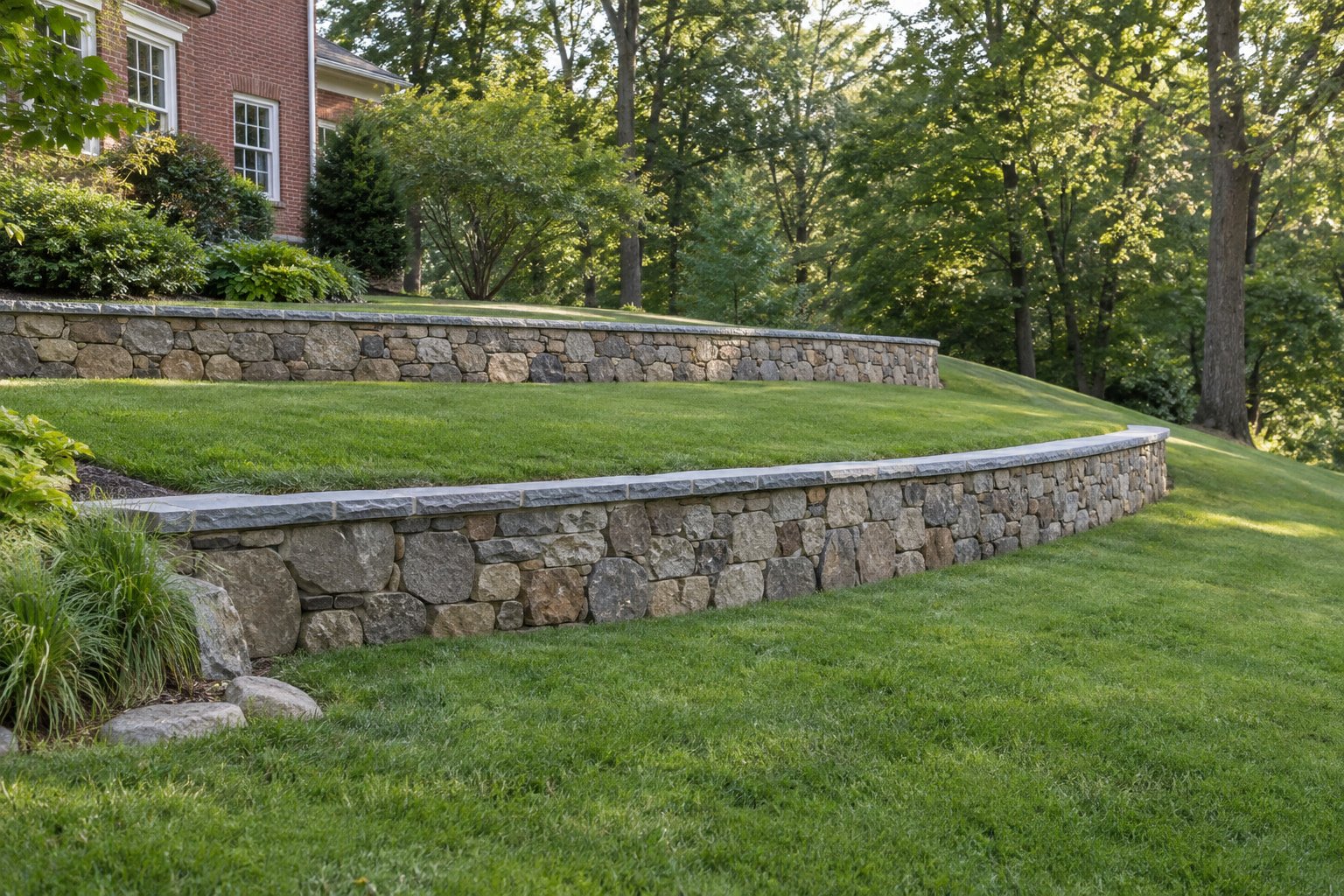 Finished fieldstone retaining walls forming two broad lawn terraces.