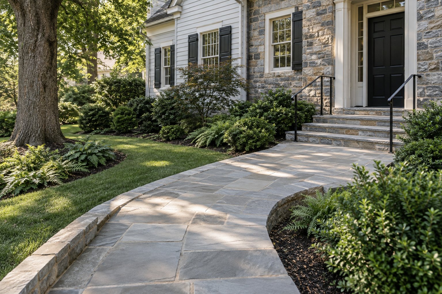 Finished stone entry walkway with broad outdoor steps and simple black handrails.