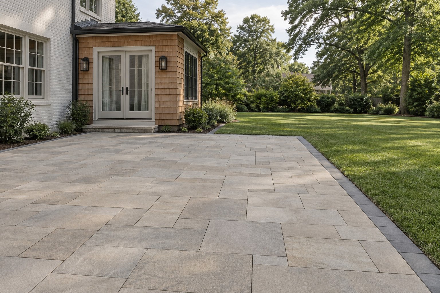 Finished light-toned paver patio beside a white-brick home and cedar-shingle extension.