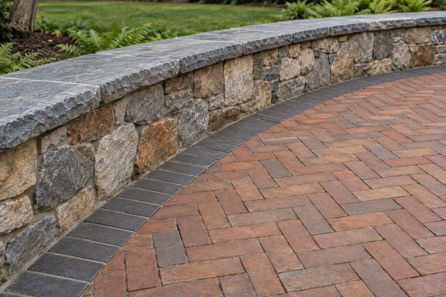 Craftsmanship detail of brick paving, a charcoal border and natural stone wall coping.