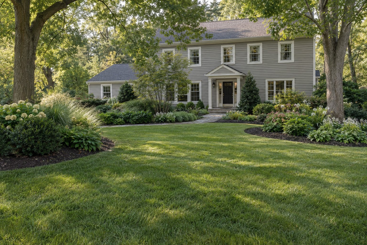Finished residential landscape with a healthy lawn, sweeping layered planting beds and mature shade trees.
