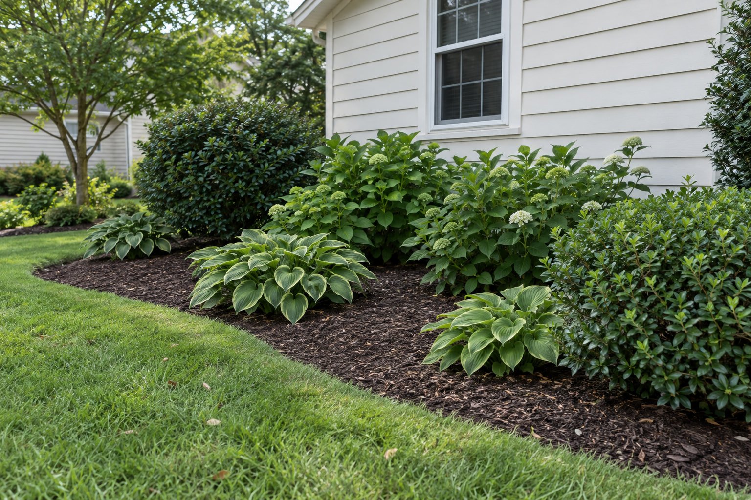 Curved landscape bed with natural dark-brown mulch, clean lawn edging and well-spaced foliage plants.