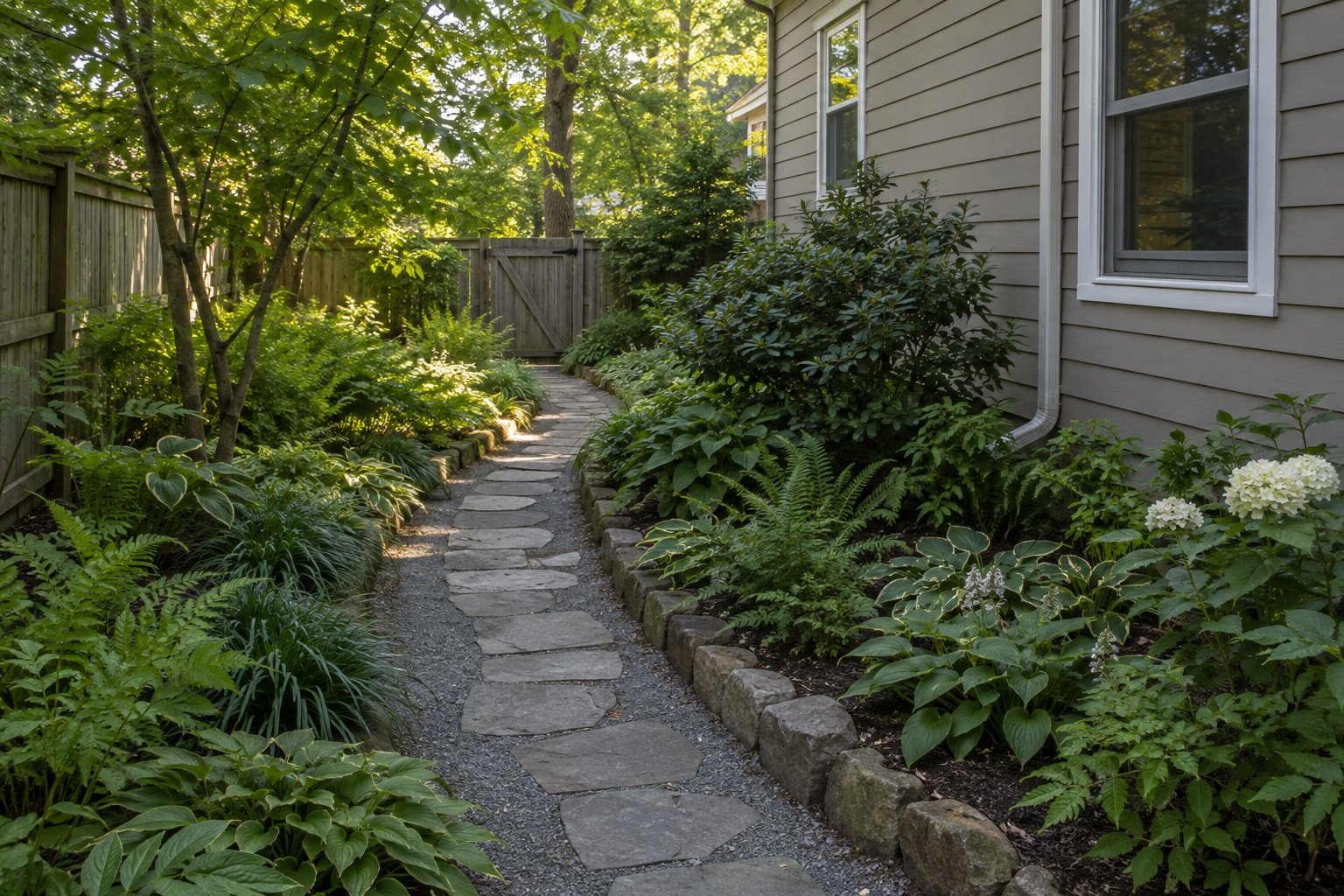 Finished side garden with a small connected stone path, mature greenery and natural layered planting.