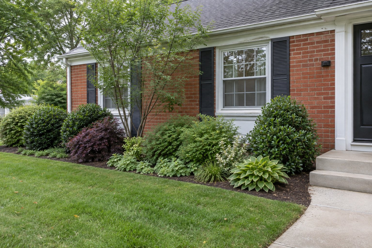 Layered evergreen and deciduous shrubs in a finished residential foundation garden with sensible spacing.