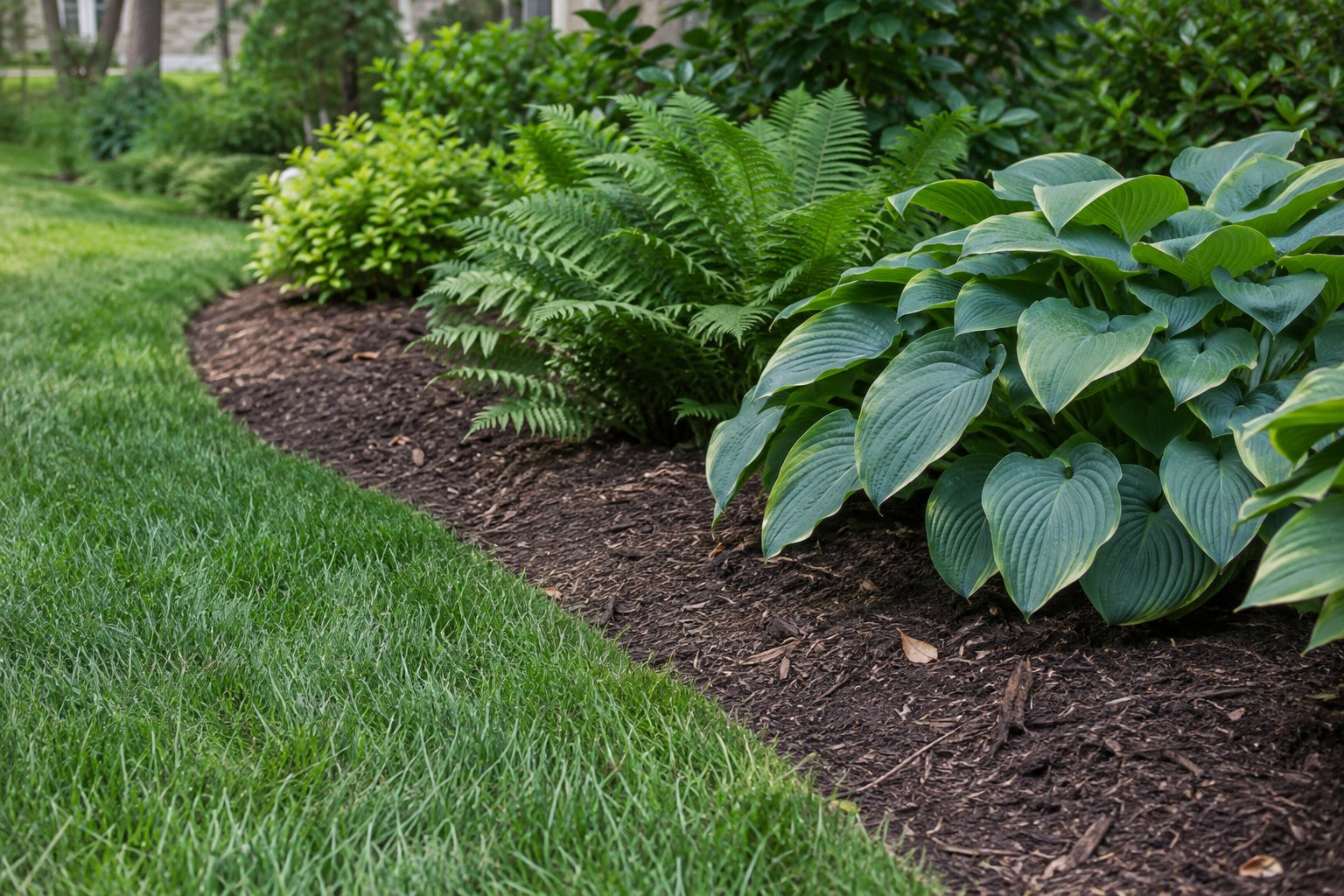 Close view of a clean grass-to-mulch bed edge with varied natural foliage and modest organic imperfections.