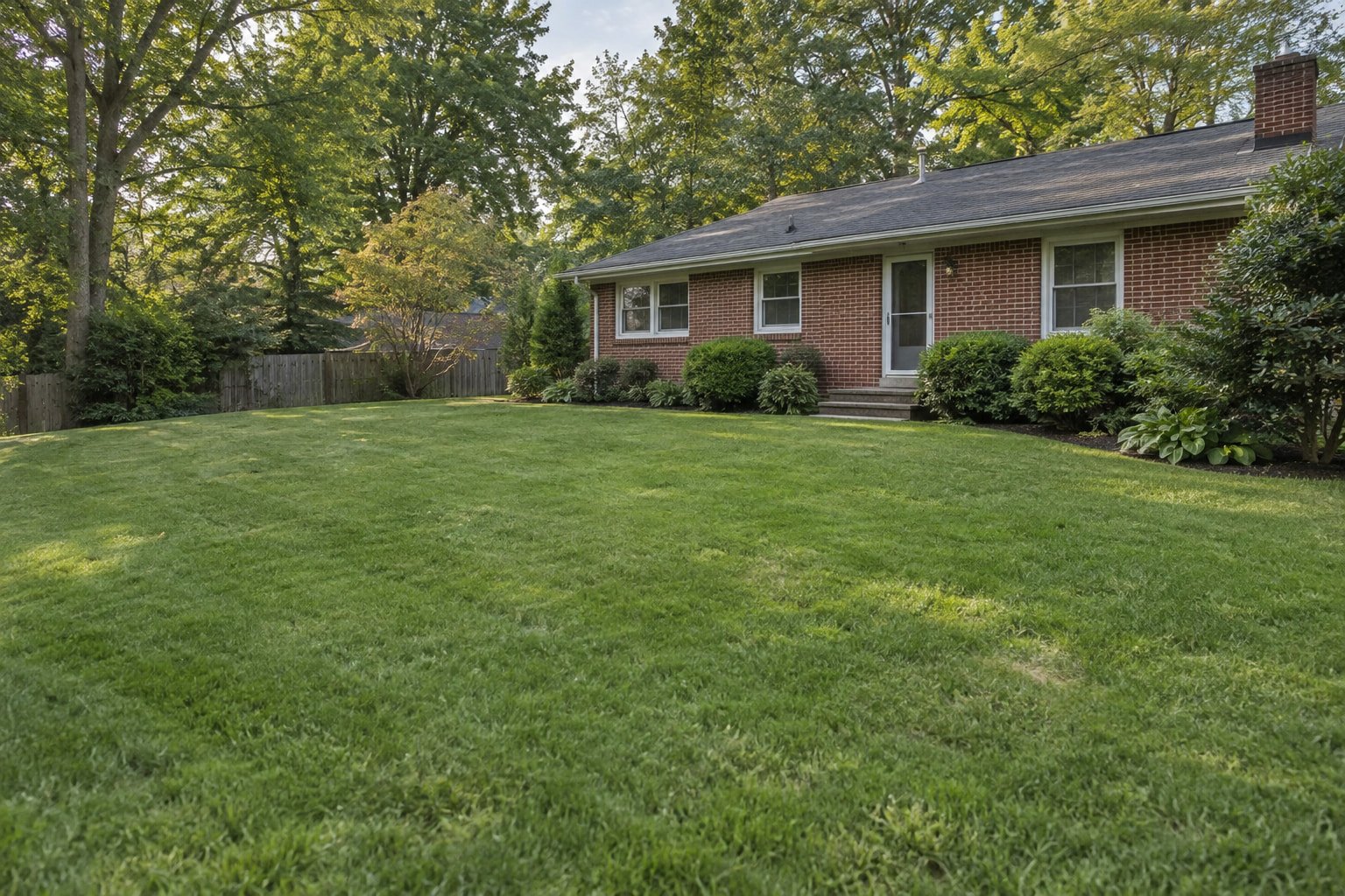 Established restored lawn on a gentle residential grade with natural color variation and surrounding garden beds.