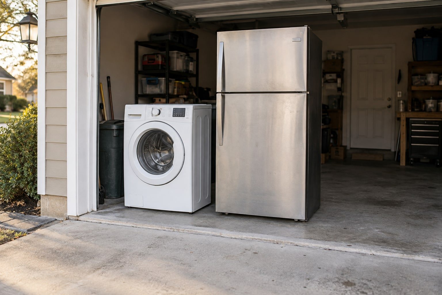 Washer and stainless refrigerator set out at an open garage doorway for appliance pickup.
