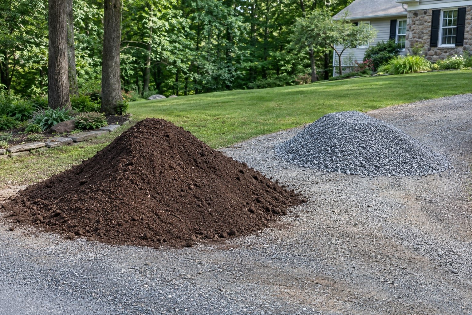 Piles of topsoil and gravel delivered onto a gravel driveway beside a lawn.
