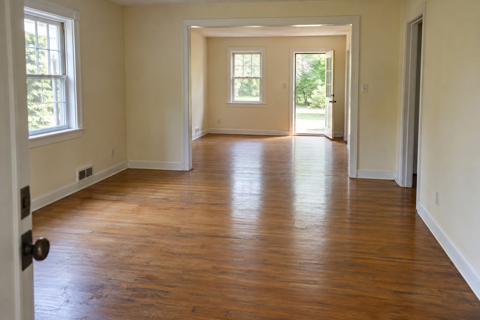 Emptied living room with wood floors, open to a bright rear room and door.