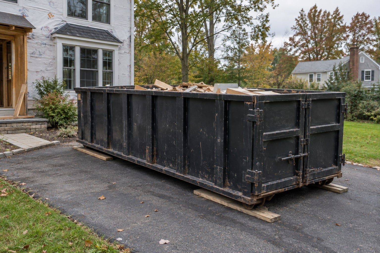Roll-off dumpster set on protective boards in a driveway beside a house under renovation.