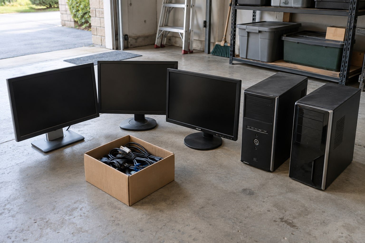 Monitors, two desktop computers and a box of cables lined up on a garage floor for collection.