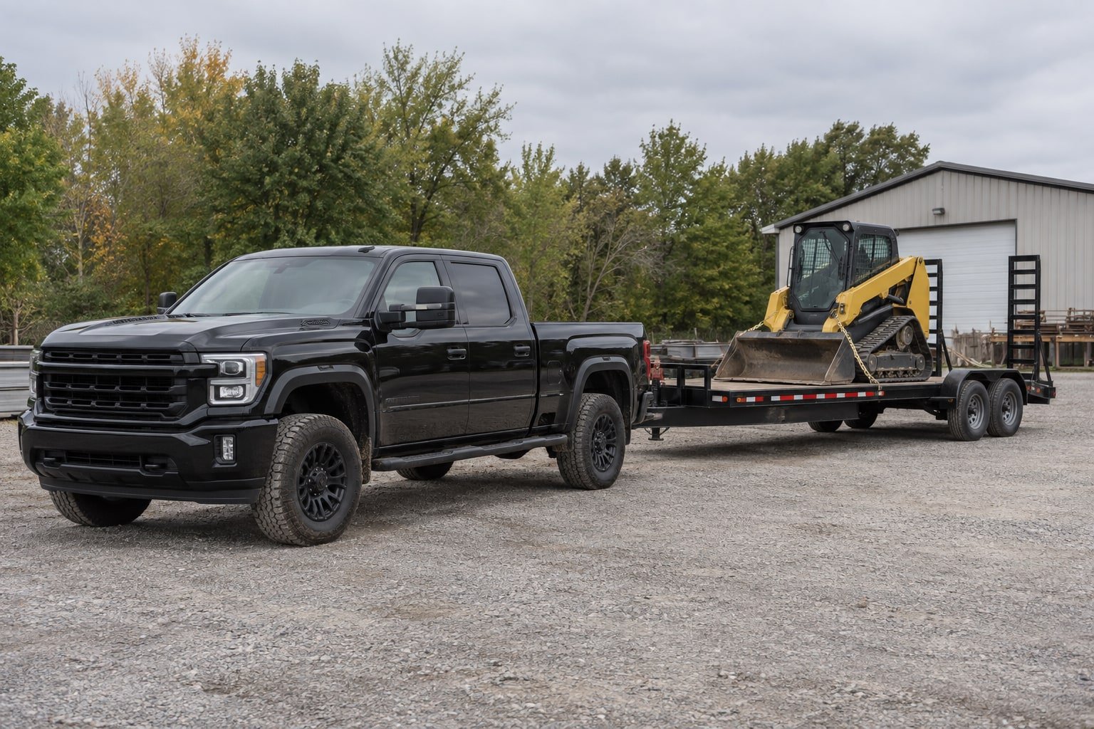 Compact track loader chained down on a flatbed trailer behind a black pickup.